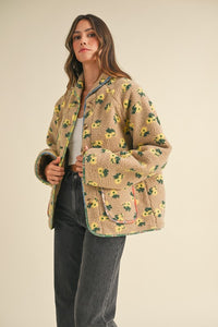 Taupe Floral Print Sherpa Jacket Contrast Piping Detail