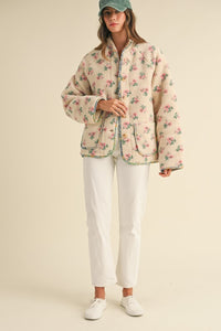 Cream Floral Print Sherpa Jacket Contrast Piping Detail