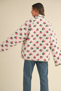 Off White Floral Print Sherpa Jacket Contrast Piping Detail