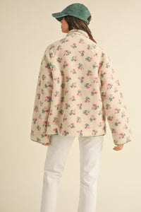 Cream Floral Print Sherpa Jacket Contrast Piping Detail