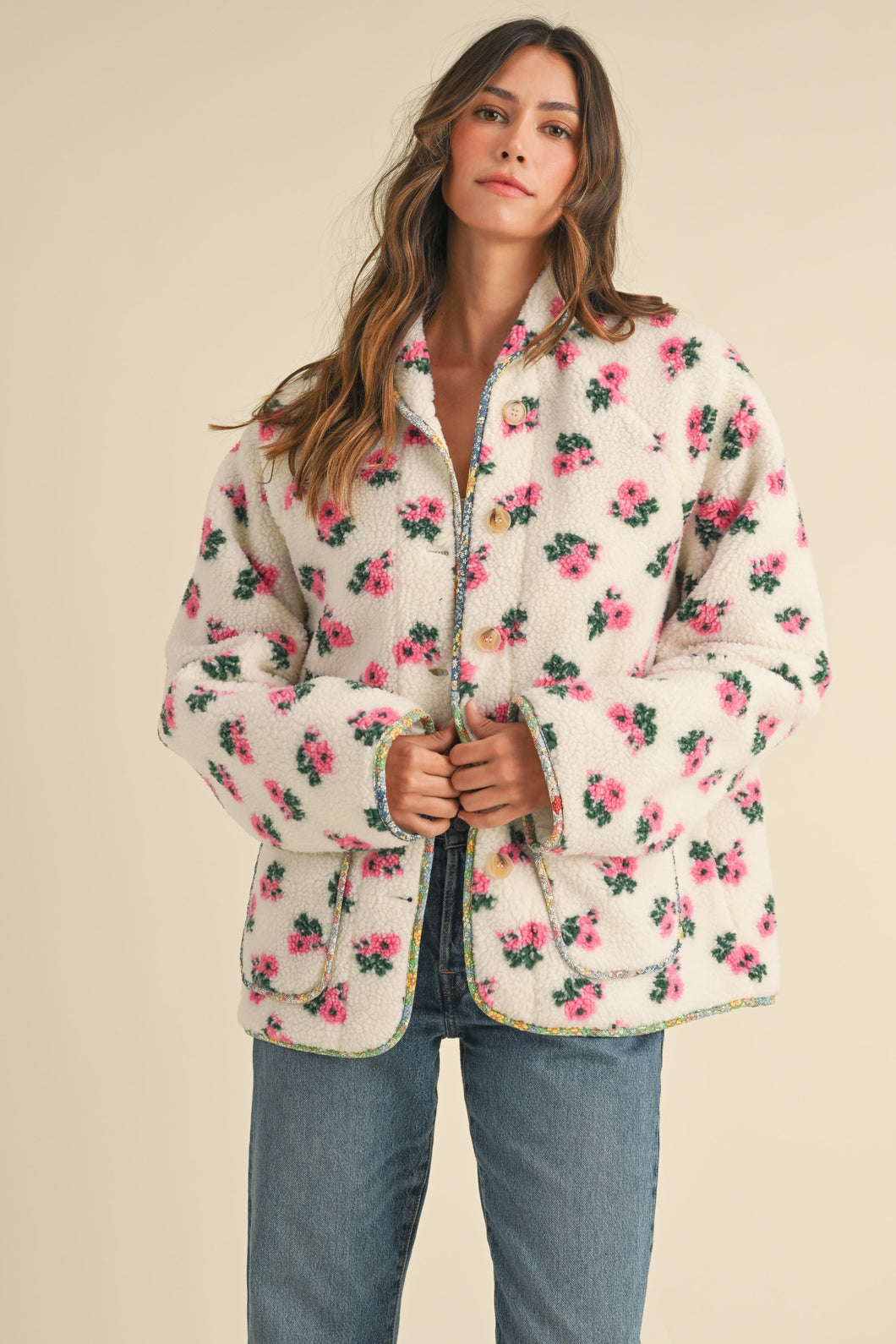 Off White Floral Print Sherpa Jacket Contrast Piping Detail