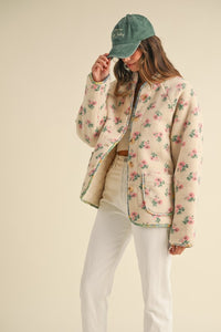 Cream Floral Print Sherpa Jacket Contrast Piping Detail