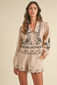 Lt Taupe Embroidered Collar Shirt And Shorts Set