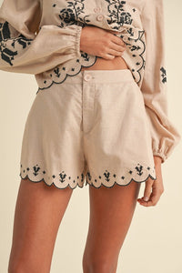 Lt Taupe Embroidered Collar Shirt And Shorts Set