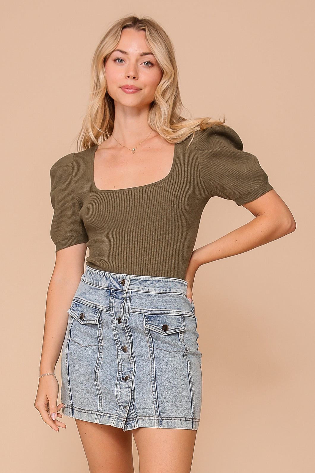 Olive Puff Sleeve Sweater Ribbed Knit Top