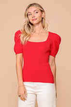 Red Puff Sleeve Sweater Ribbed Knit Top