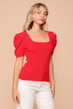 Red Puff Sleeve Sweater Ribbed Knit Top