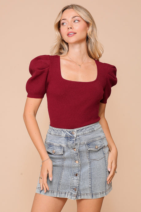 Burgundy Puff Sleeve Sweater Ribbed Knit Top