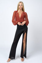 Cinnamon Luxe Pearl Mesh Surplice Deep V-Neck Bodysuit Top