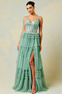 Sage Bustier Corset Top Ruffle A Line Dress