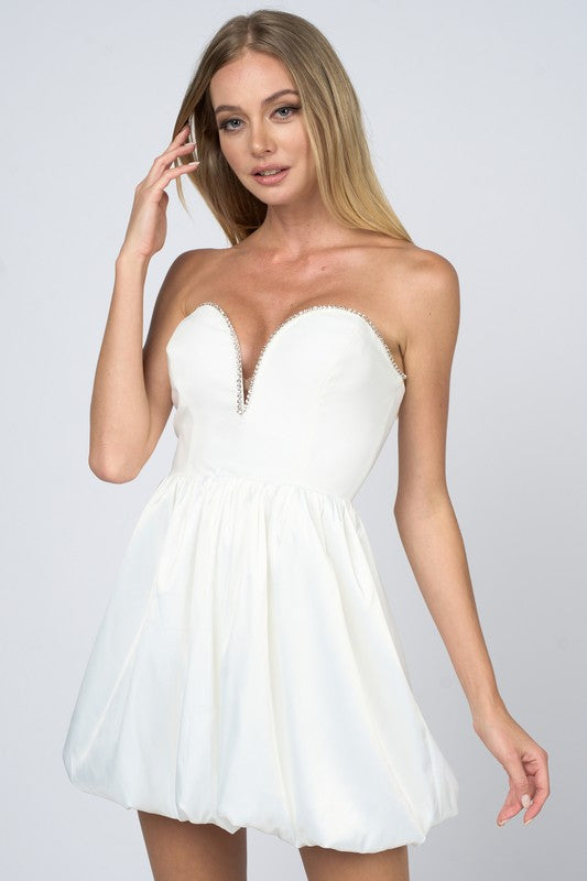 Ivory Luxe Rhinestones Trim Sweetheart Bubble Mini Dress