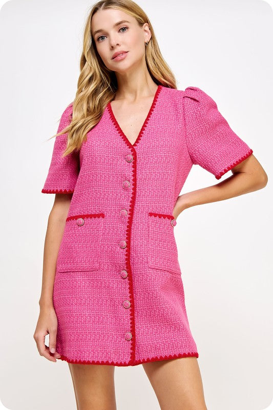 Fuchsia/Red Embroidered Tweed Mini Dress