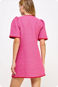 Fuchsia/Red Embroidered Tweed Mini Dress