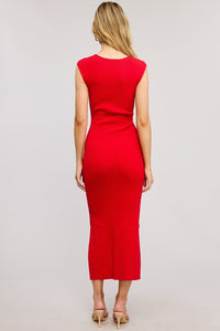 Red Midi-Long Bodycon Dress With Cutout Waist