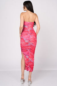 Hot Pink Luxe Marble Print Mesh Ruched Slit Tube Maxi Dress