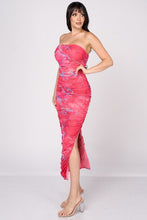 Hot Pink Luxe Marble Print Mesh Ruched Slit Tube Maxi Dress