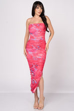 Hot Pink Luxe Marble Print Mesh Ruched Slit Tube Maxi Dress