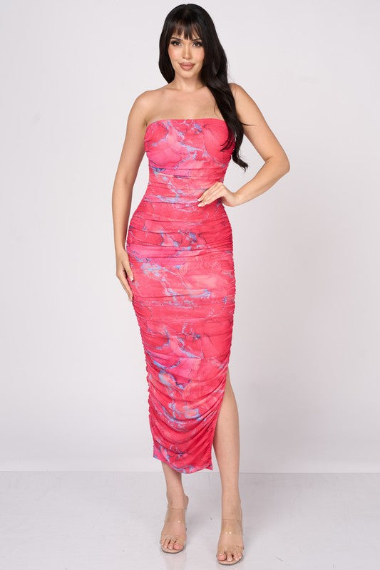 Hot Pink Luxe Marble Print Mesh Ruched Slit Tube Maxi Dress