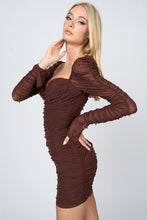 Chocolate Luxe Pearl Mesh Sweetheart Long Sleeves Mini Dress