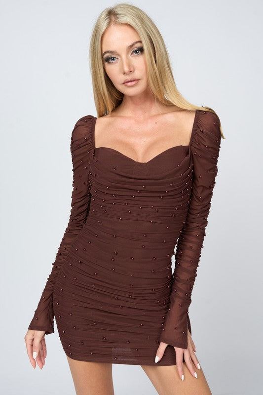 Chocolate Luxe Pearl Mesh Sweetheart Long Sleeves Mini Dress