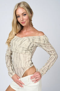 Taupe Metallic Marble Print Off Shoulder Bodysuit Top