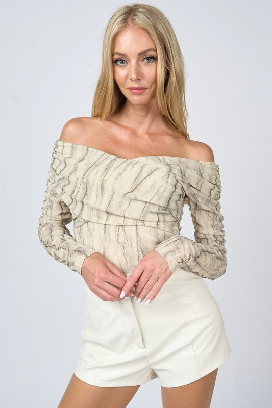 Taupe Metallic Marble Print Off Shoulder Bodysuit Top