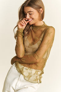 Olive Mesh Lace High Neck Design Long Sleeve Fitted Top