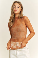 Caramel Mesh Lace High Neck Design Long Sleeve Fitted Top