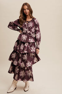 Red Bean Floral Tiered Maxi Dress