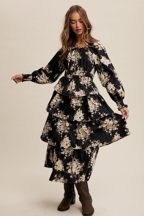 Black Floral Tiered Maxi Dress