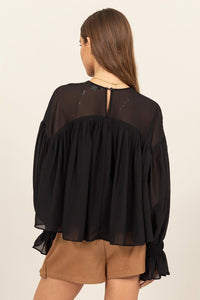 Black Flowy Blouse With Gathered Cuffs