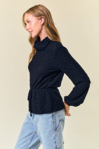 Black Brushed Floral Stretch Lace Turtle Neck Top