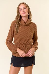 Coffee Brushed Floral Stretch Lace Turtle Neck Top