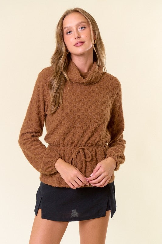 Coffee Brushed Floral Stretch Lace Turtle Neck Top