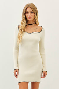 Cream/Black Sweetheart Contrast Stitch Sweater Bodycon Dress