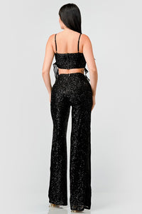 Black Multi Luxe Sequins Ruffle Drap Cropped Top And Pants Set