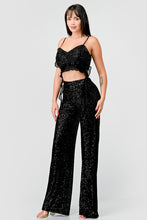 Black Multi Luxe Sequins Ruffle Drap Cropped Top And Pants Set