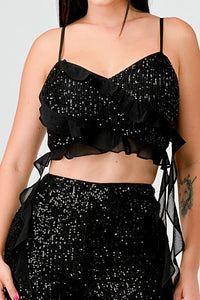 Black Multi Luxe Sequins Ruffle Drap Cropped Top And Pants Set