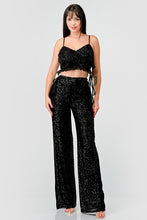 Black Multi Luxe Sequins Ruffle Drap Cropped Top And Pants Set