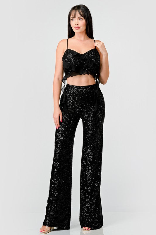 Black Multi Luxe Sequins Ruffle Drap Cropped Top And Pants Set