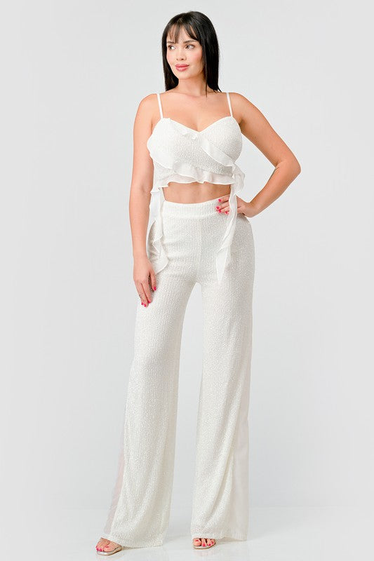 Ivory Multi Luxe Sequins Ruffle Drap Cropped Top And Pants Set