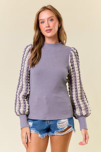 Grey Stripe Popcorn Textured Puff Long Sleeve Top