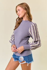 Grey Stripe Popcorn Textured Puff Long Sleeve Top