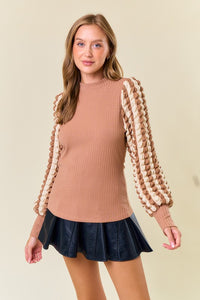 Latte Stripe Popcorn Textured Puff Long Sleeve Top