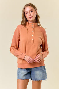 Apricot Tan Fleece French Terry & Rib Mix Mock Neck Sweatshirt