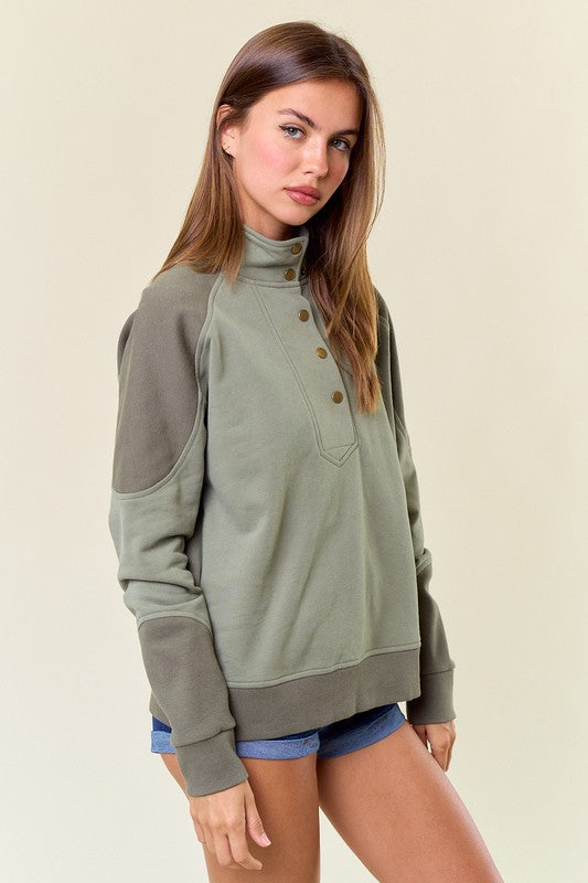 Olive Fleece French Terry & Rib Mix Mock Neck Sweatshirt