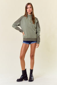 Olive Fleece French Terry & Rib Mix Mock Neck Sweatshirt