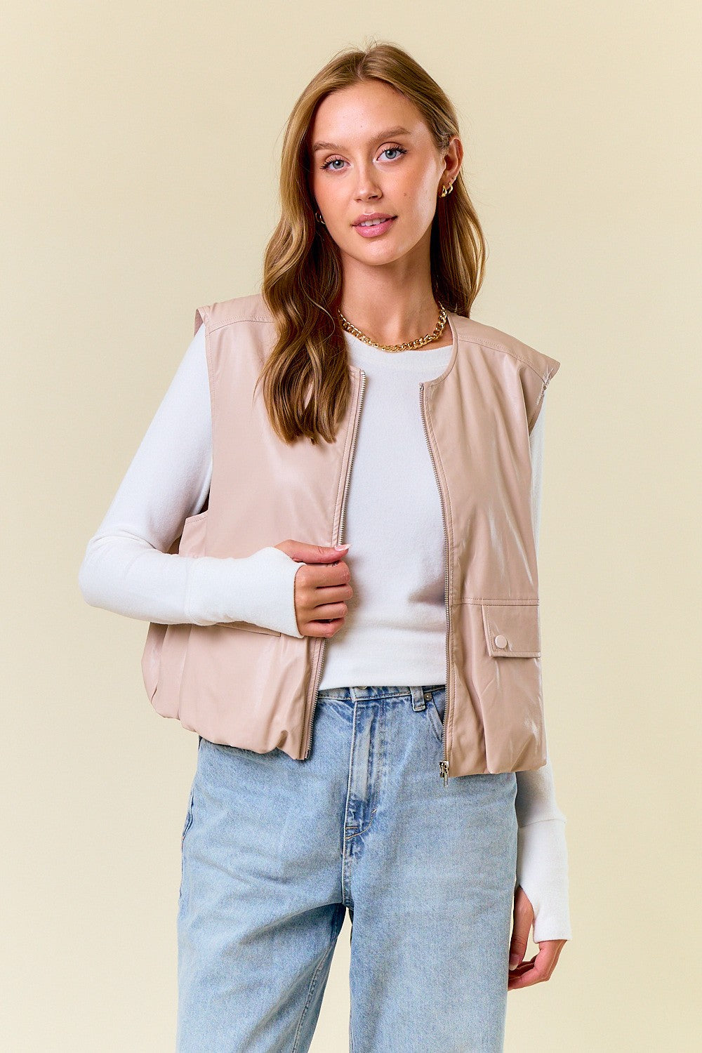 Beige Vegan Leather Round Neck Bubble Hem Vest Jacket