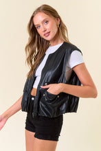 Black Vegan Leather Round Neck Bubble Hem Vest Jacket