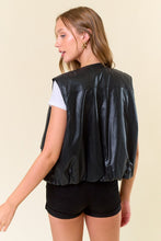 Black Vegan Leather Round Neck Bubble Hem Vest Jacket